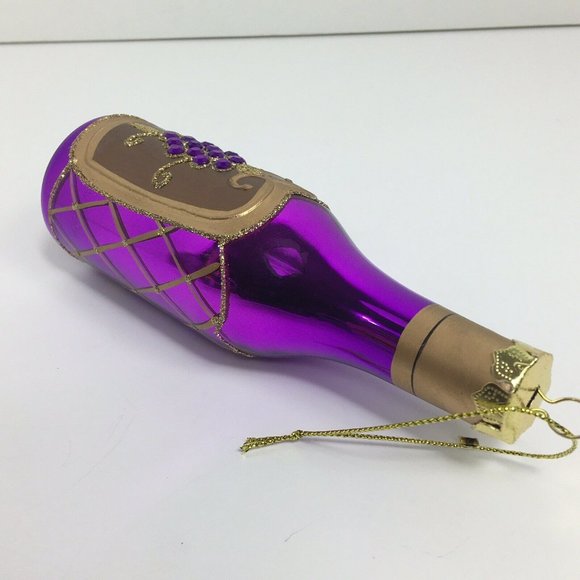 Wine Bottle Christmas Holiday Glass Ornament With Stones Purple Gold Glitter 6" - Picture 8 of 12